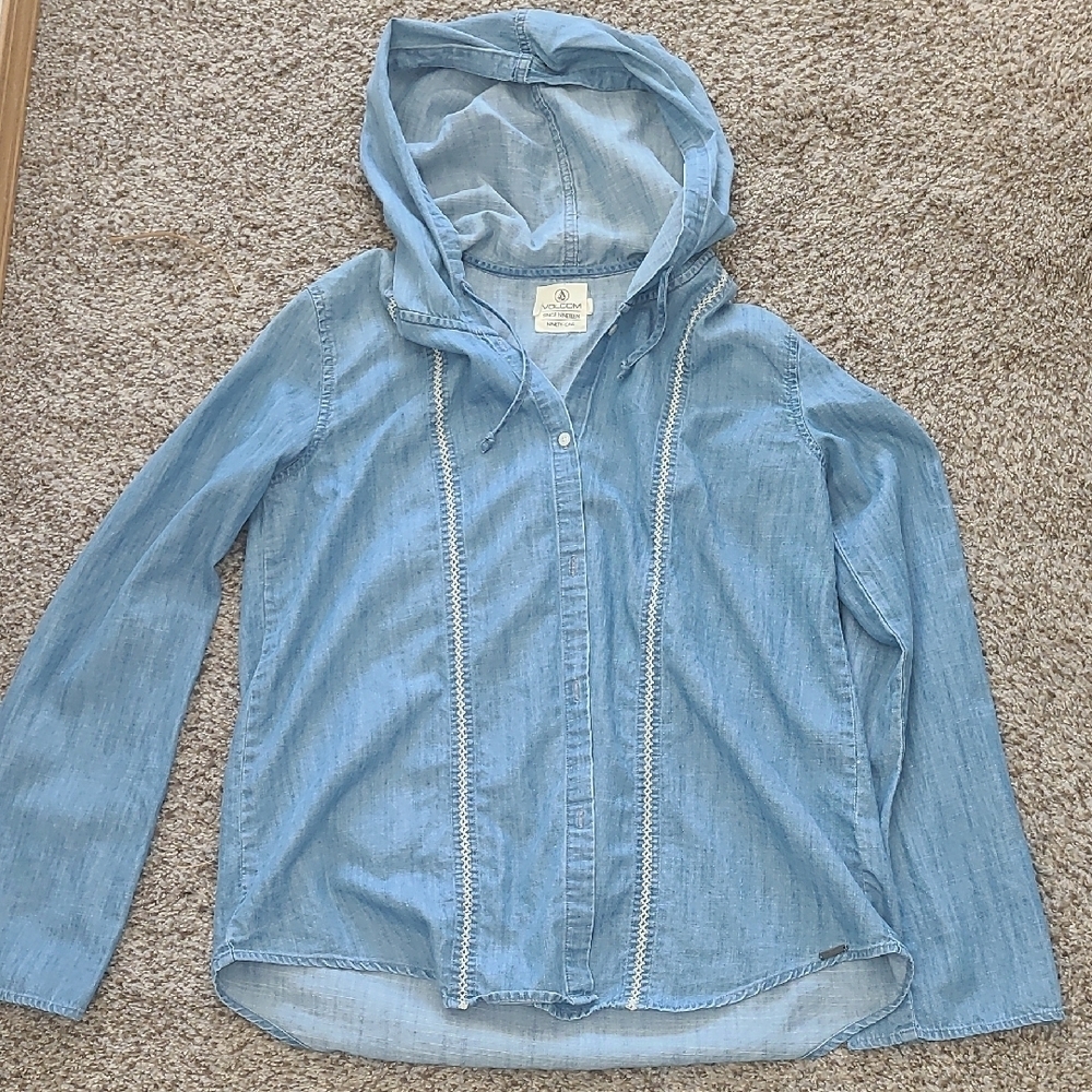Volcom Light Blue Button Down Shirt with Hood